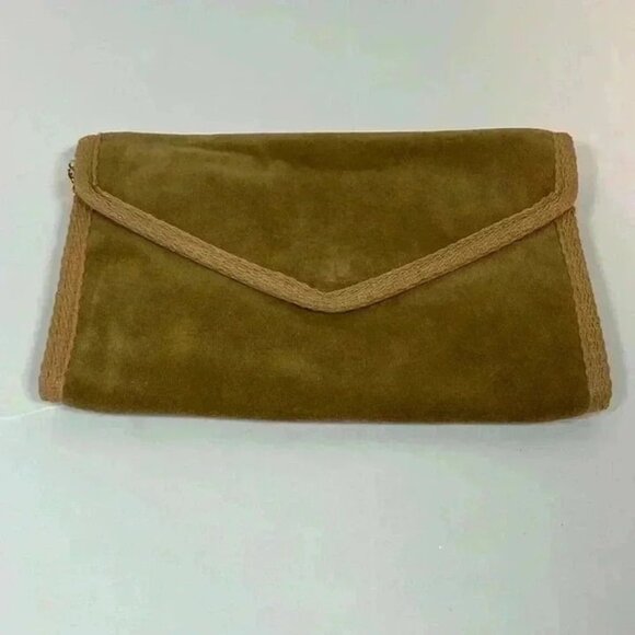 VELOUR CLUTCH HANDBAG TAN GOLD CHAIN PURSE - Picture 1 of 7